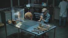 Researchers examining a preserved digital artifact in a futuristic lab, symbolizing the archaeology of legacy enterprise IT systems.