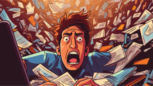 Overwhelmed employee drowning in paperwork, symbolizing micromanagement and reporting overload in control-driven organizational cultures.